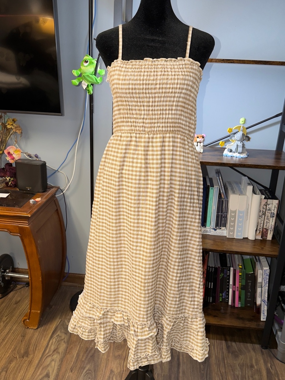 Beige Gingham Smocked Sundress with Ruffle Hem